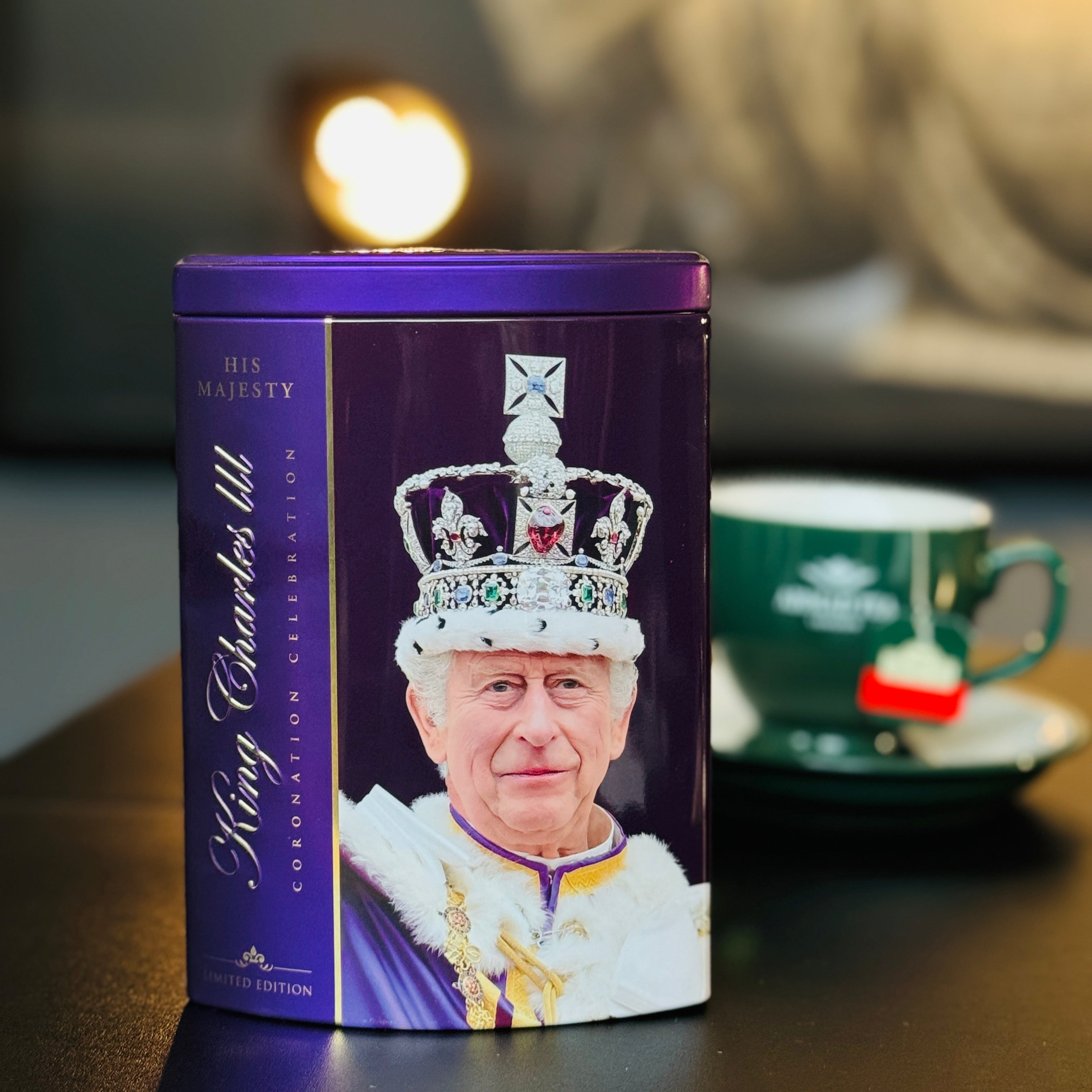King Charles III Tea Caddy Ahmad Tea 40 English Breakfast Limited Edition Purple