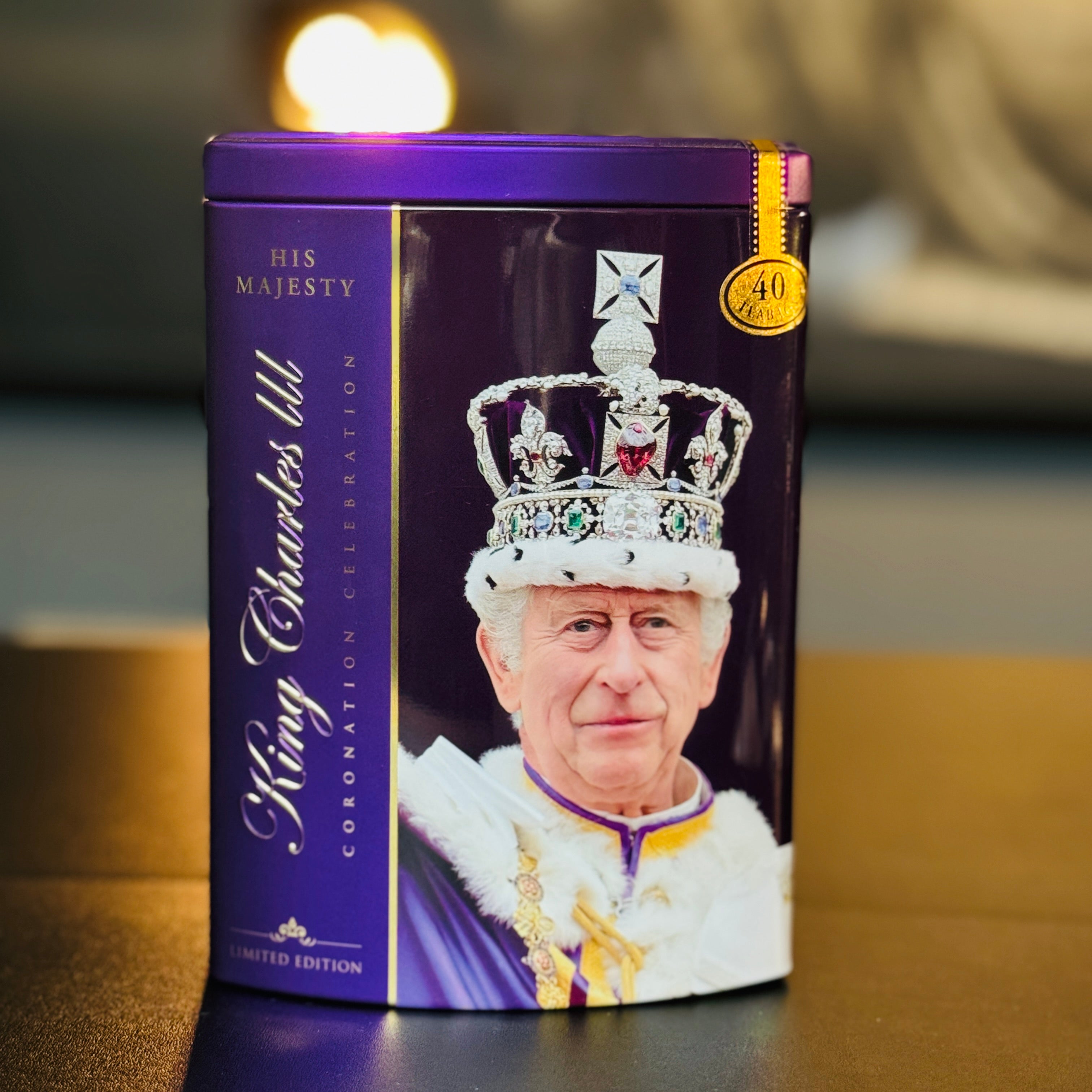 King Charles III Tea Caddy Ahmad Tea 40 English Breakfast Limited Edition Purple
