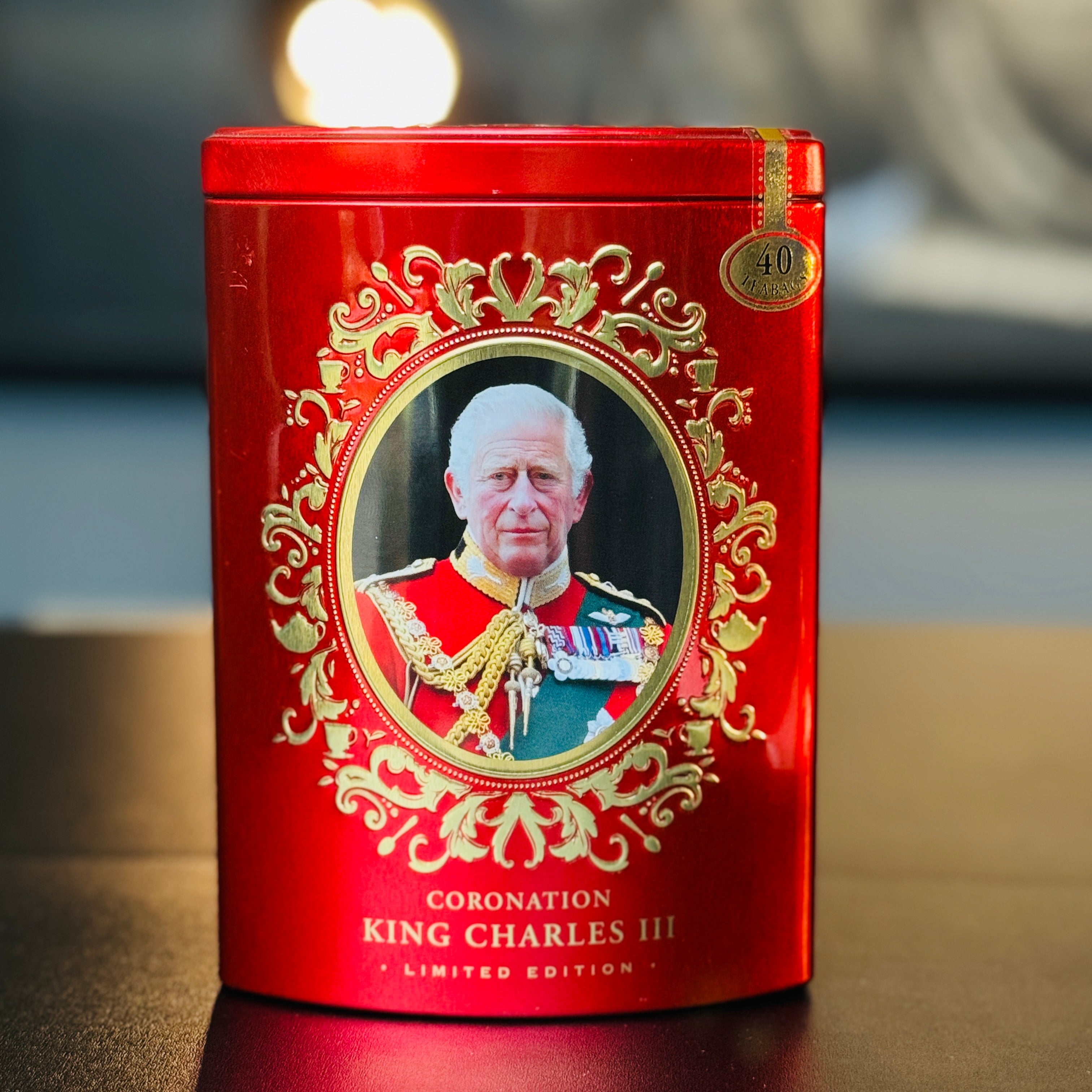 King Charles III Tea Caddy Ahmad Tea 40 English Breakfast Limited Edition Red
