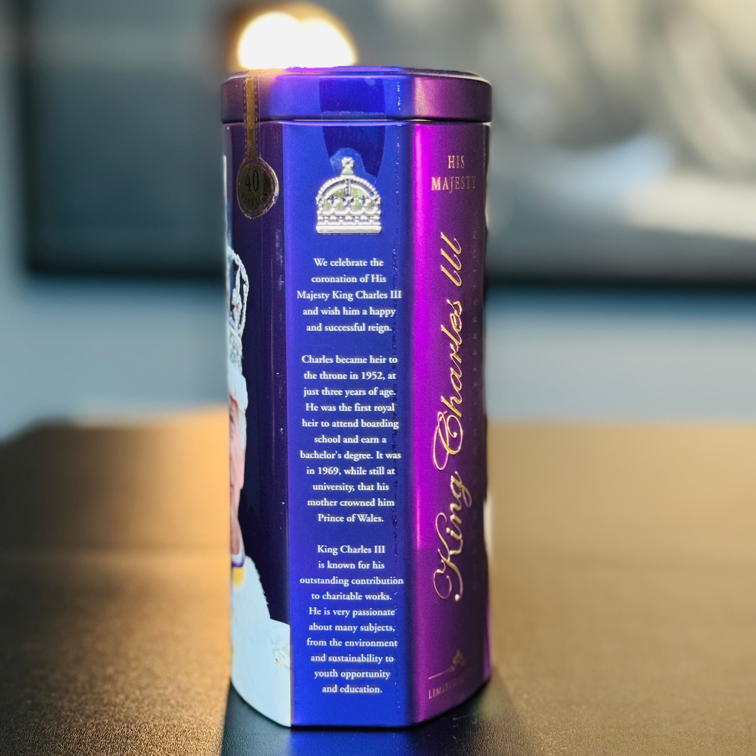 King Charles III Tea Caddy Ahmad Tea 40 English Breakfast Limited Edition Purple