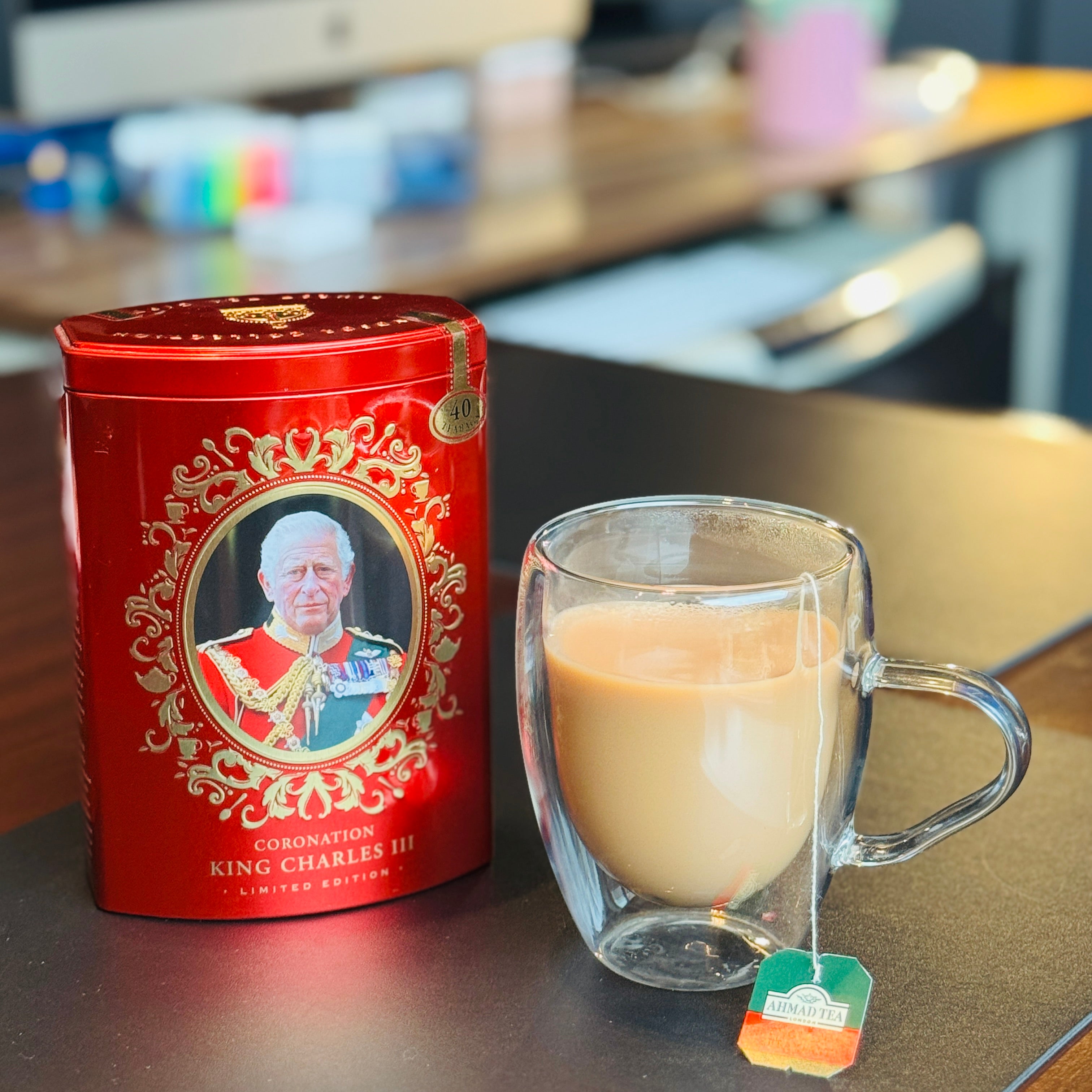 King Charles III Tea Caddy Ahmad Tea 40 English Breakfast Limited Edition Red