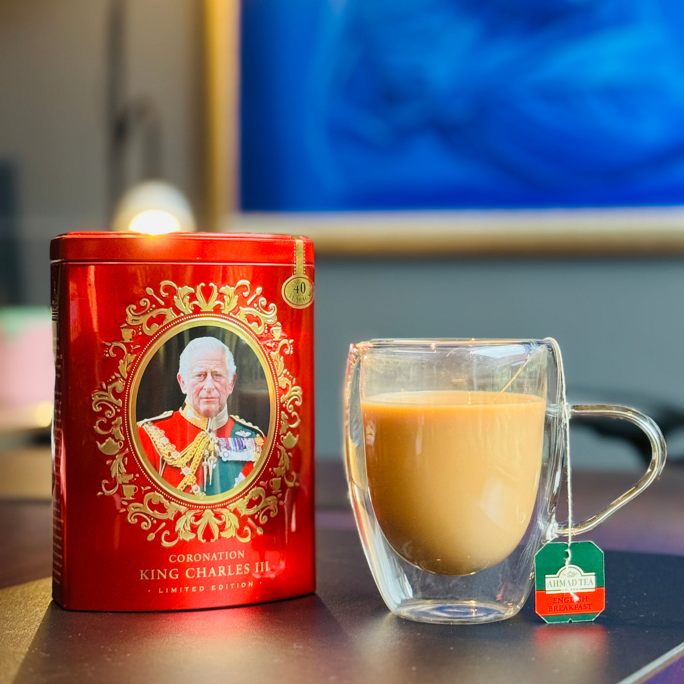 King Charles III Tea Caddy Ahmad Tea 40 English Breakfast Limited Edition Red