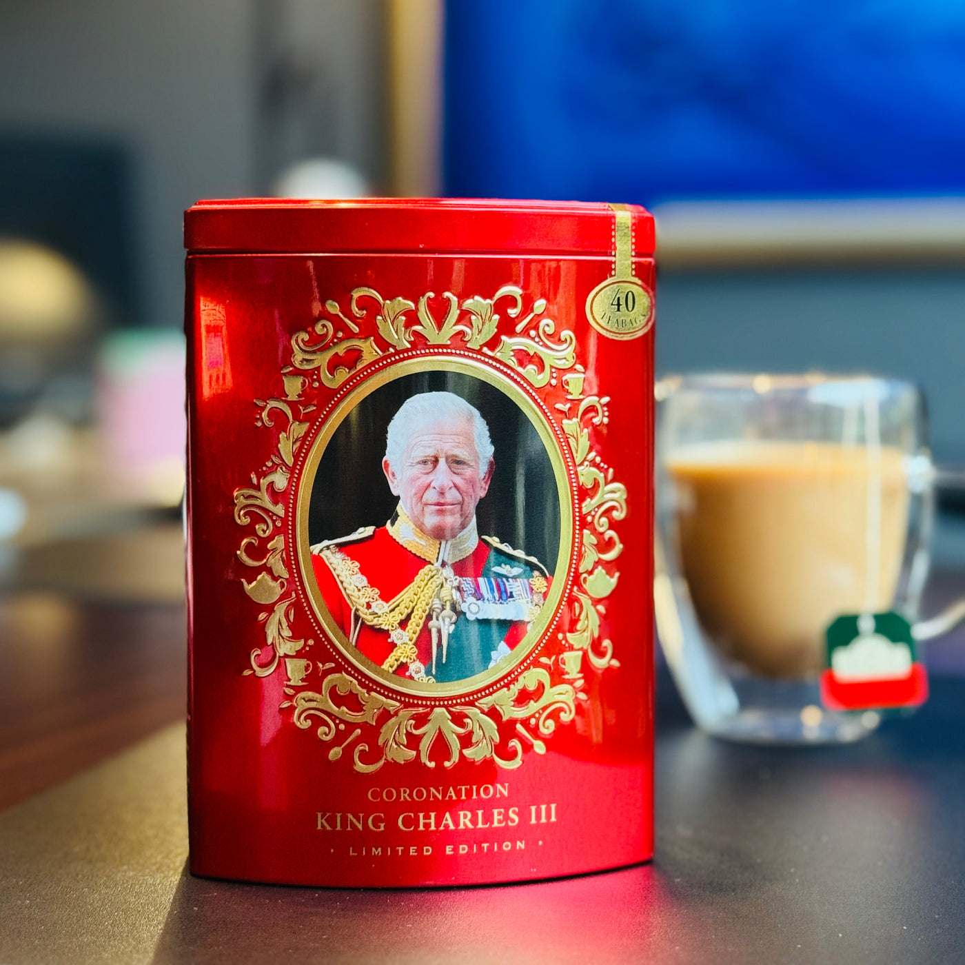 King Charles III Tea Caddy Ahmad Tea 40 English Breakfast Limited Edition Red