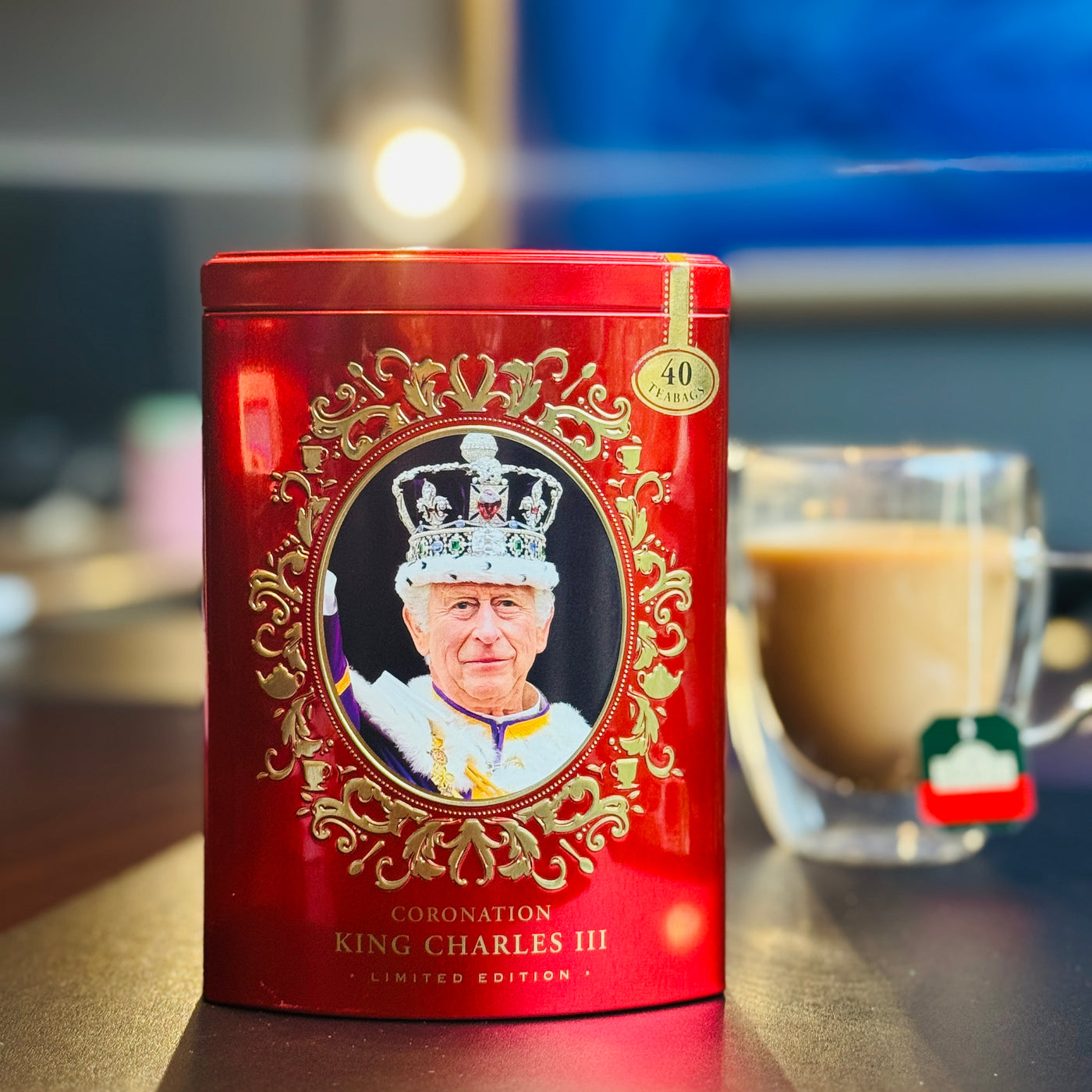 King Charles III Tea Caddy Ahmad Tea 40 English Breakfast Limited Edition Red