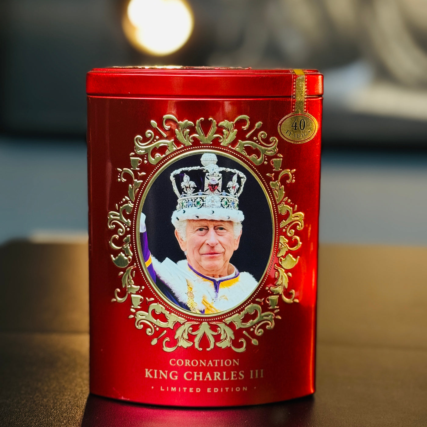 King Charles III Tea Caddy Ahmad Tea 40 English Breakfast Limited Edition Red